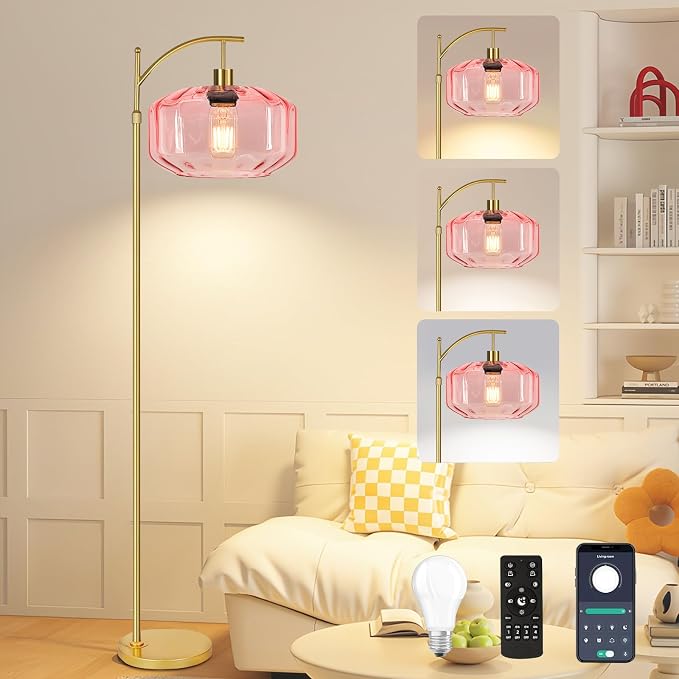 Gold Floor Lamps for Living Room Bedroom,Glass Floor Lamp with Remote Control & Pink Lampshade,Arc Dimmable Floor Lamp Mid Century Modern Standing Lamp Vintage Tall Floor Lamps for Bedroom Corner