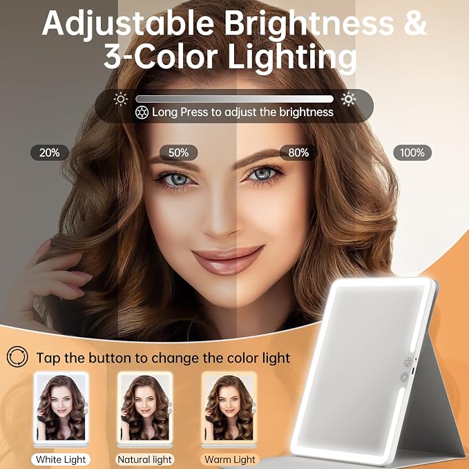 FUNTOUCH 2500mAh Large Rechargeable Travel Makeup Mirror with Light (White) | Portable Makeup Mirror with 10X Magnifying Mirror, 3 Lighting Modes, Tabletop Folding Travel Mirror with PU Leather Cover