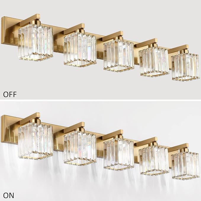 Aipsun Bathroom Vanity Lights Fixtures Crystal Vanity Light 5 Light Modern Brass Bathroom Lighting Fixtures (Exclude Bulb)