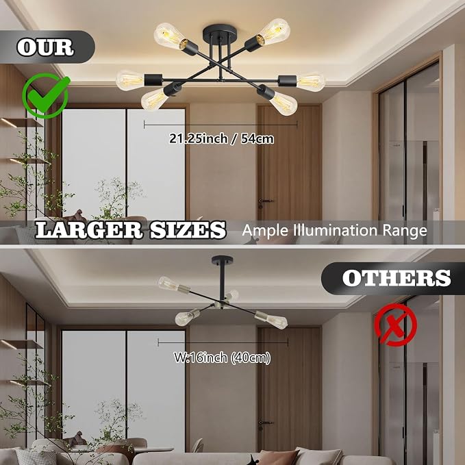 6-Light Modern Metal Ceiling Light, Black Sputnik Dining Room Light Fixture | 22" Modern Sputnik Ceiling Light Fixture with E26 Base, Chandelier Light Fixtures Ceiling Mount for Bedroom Living Room