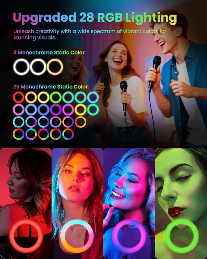 10" RGB Ring Light with 66'' Tripod Stands, 2 Phone Holder, Remote | 28 Color & 10 Brightness Level, Circle Ring Light for Live Stream, TikTok, YouTube, Makeup, Compatible with iPhone & Android