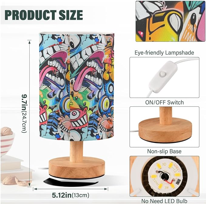 Colorful Street Graffiti Art Monkey Table Lamp for Bedroom USB Port Lamps Small Accent Table Lamp Nightstand Lamp Sturdy Linen Shade Wooden Base Decorative Lamps for Bedside Reading|Kids|Dorm|Home