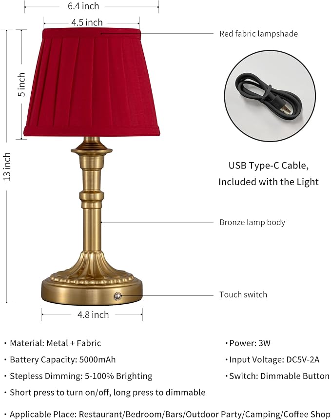 KDG Gold Cordless Table Lamps Set of 2, Red Fabric Shade Small Desk Lamp | Portables 4000mAh Battery Powered, LED Lighting, 2700K Stepless Dimmable, Light for Living Room, Dining Room, Bedroom