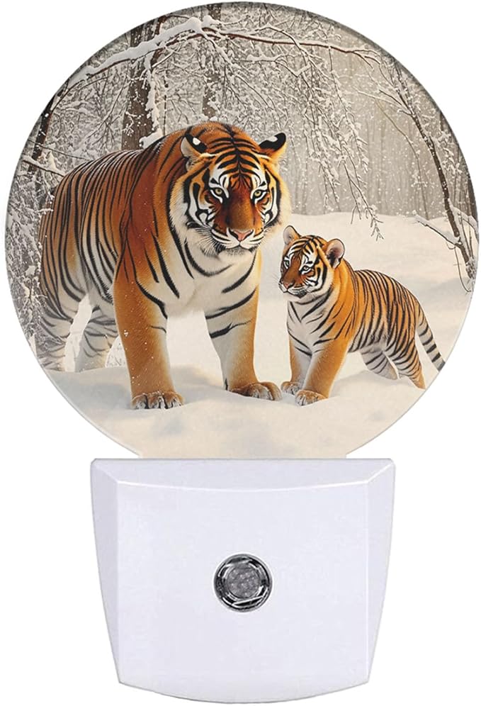 EKOBLA Tiger Night Lights Plug into Wall Tigers Mother and Son Walk in The Snow Night Light for Boys Girls Led Night Light, Dusk to Dawn Sensor Nightlight for Stairway Hallway Kitchen