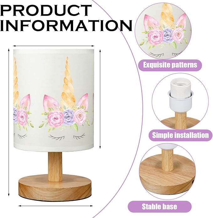 Unicorn Kids Table Lamp for Bedroom Kids Bedside Lamp with Linen Wooden Nightstand Cartoon Nursery Lampshade for Girls Boys Living Room