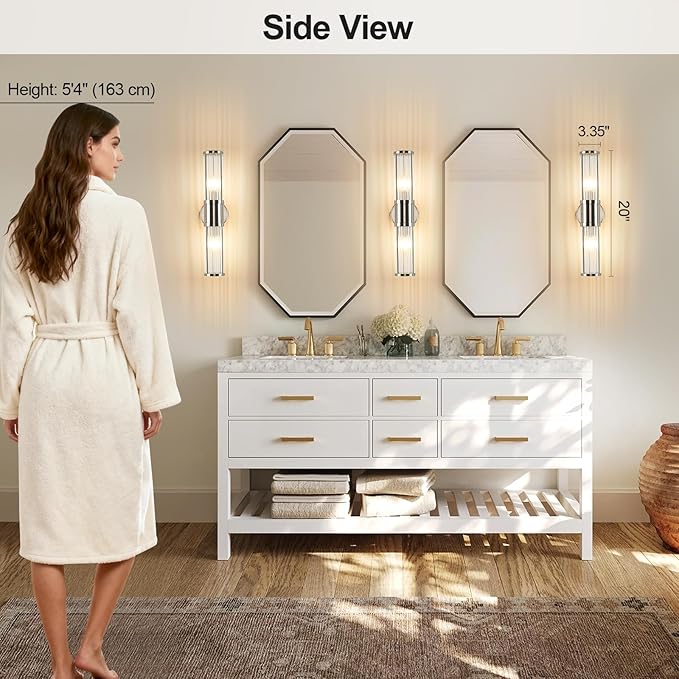 Dual Sconce Vanity Set, Brushed Nickel Wall Light with Clear Glass Rods Shape, Industrial Vanity Lighting for Bathroom Mirror and Modern Bedroom