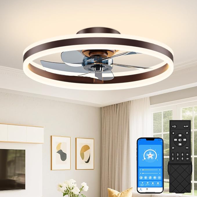 VOLISUN Low Profile Ceiling Fans with Lights and Remote, 20in Flush Mount Ceiling Fans with Light, 3000K-6500K Dimmable Fandelier LED Fan Light, Brown Bladeless Ceiling Fans with Lights for Bedroom