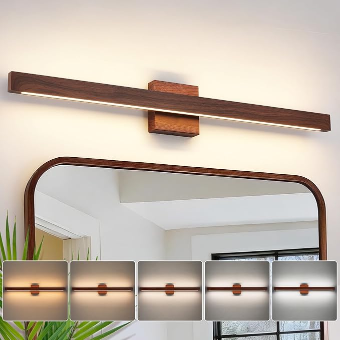 Modern Bathroom Light Fixtures Over Mirror, 32 Inch Brown Wood Finish Vanity Light Bar 26W Dimmable 5CCT LED Vanity Lights for Bathroom Wall Lighting Fixtures Over Mirror