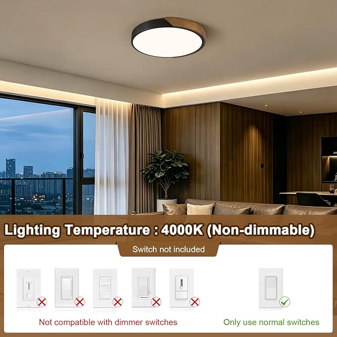 Modern LED Ceiling Light, Brown Walnut Wood Minimalist Flush Mount Ceiling Light Fixture, 4000K Not Dimmable, Circle Lighting Lamp with Acrylic Lampshade for Bedroom Hallway Laundry 15.8"