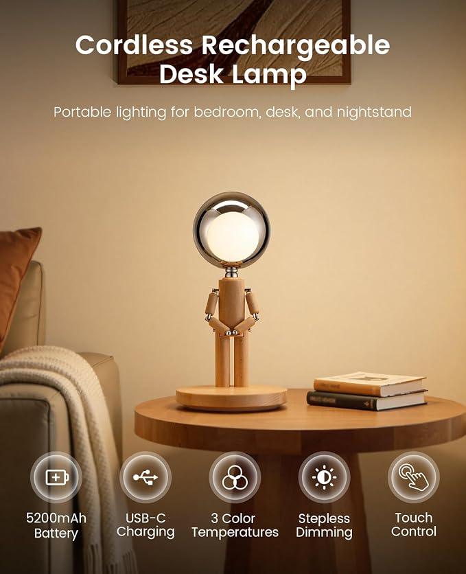 Rechargeable Cordless Desk Lamp, Touch Nightstand lamp, Dimmable | Beech Wood, 3 Color Temperatures, Stepless Dimming, Creative Table Lamp, Office Lamps, Bedroom Decor, Unique Gift