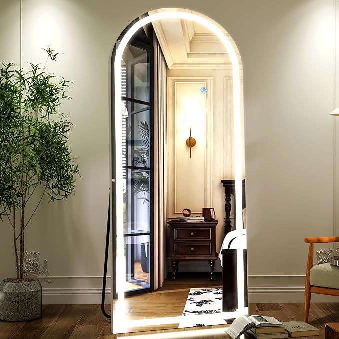 Arched LED Full Length Mirror - 65"x26" Full Body Standing Mirrors | Floor Mirror with Light, Shatterproof Tempered Glass-Dimmable & 3 Color Lighting/Wall Mounted Mirror for Bedroom/Cloakroom