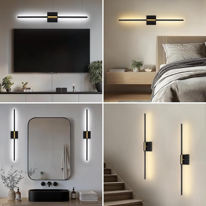 Battery Operated Wall Sconces Set of Two, Wireless Wall Sconces 31.5 Inch | Rechargeable, Remote Control, Dimmable, 360°Rotate, Cordless Wall Light Decor for Living Room, Hallway, Timing, Black Gold