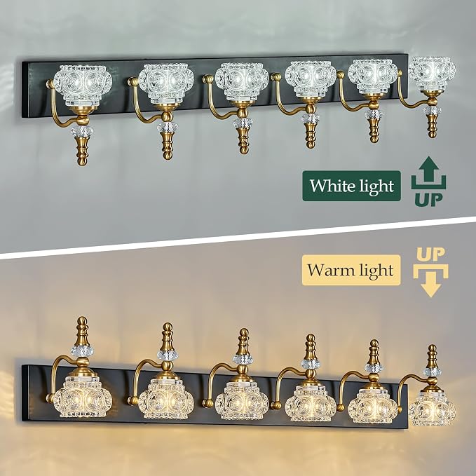 6-Light Vintage Bathroom Vanity Light Fixture Industrial Black Gold with Glass Shade Vanity Light Fixtures Over Mirror Glass Bathroom Vanity Lighting Fixtures G9 Bulb Wall Lights