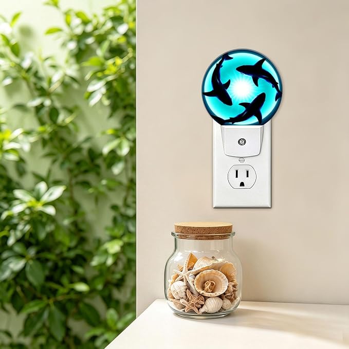 Nightlight Ocean Blue Plug-in Night Lights Dusk to Dawn | Floating Sharks Night Light LED Round Lamp with Auto on/off Sensor for Kitchen Hallway Bedroom Bathroom