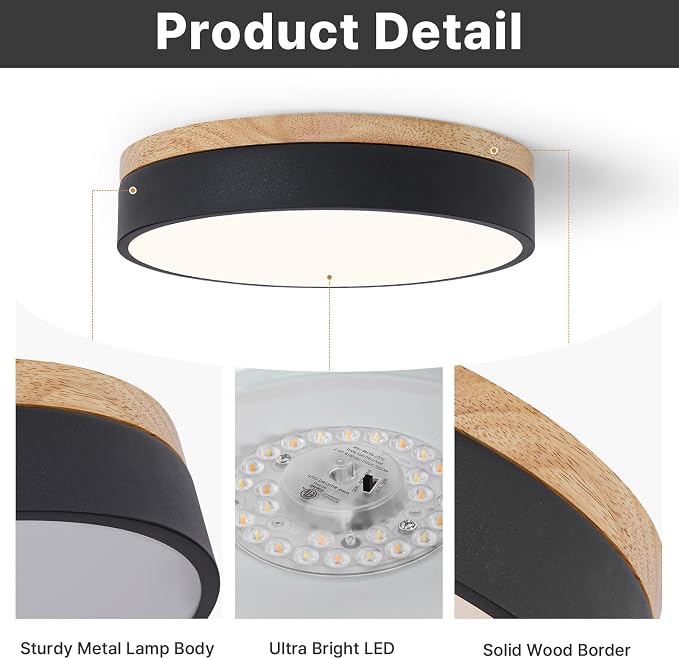 12" Minimalist Black and Wood LED Flush Mount Ceiling Light Fixture | Natural Wood Accent, Integrated LED, 5CCT Before Installation, Slim Low-Profile Design, Minimalist Modern Style, Compact Size