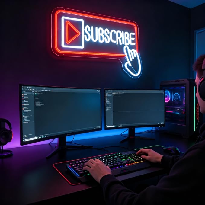 Subscribe Neon Sign, Stylish Play Button & Cursor Wall Light | 30x43cm, Red & White LED, Easy Hanging Kit Included, For Streamers/Gamers, Content Creator Rooms/Home Office Decor