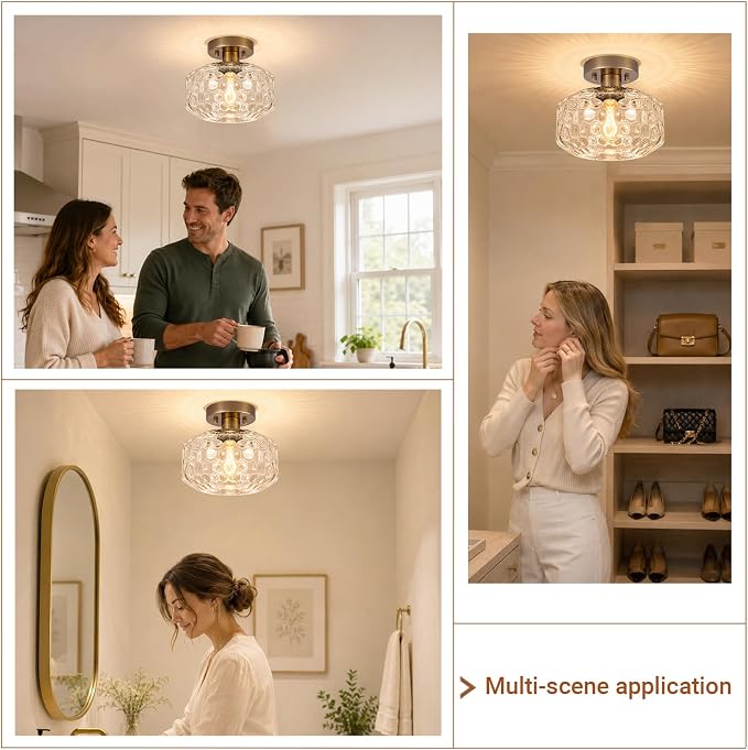 Brushed Antique Brass Semi Flush Mount Ceiling Light, Vintage Small Ceiling Light Fixture, Hallway Lighting Fixture with Hammered Glass, Kitchen Ceiling Mount Light for Entry Way, Bedroom, Bathroom