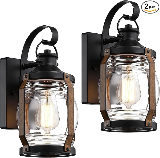 Outdoor Wall Lantern Lights, Black Exterior Wall Sconce Garage Light Fixtures, Farmhouse Outdoor House Lights Wall Mount, Decorative Front Porch Light Waterproof with Barnwood Accents & Glass, 2 Pack