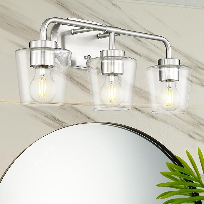3-Light Bathroom Light Fixtures Over Mirror, Brushed Nickel | Vanity Lights for Bathroom with Clear Glass, Modern Vanity Lighting Fixtures, AD-22004-3W-SN-C