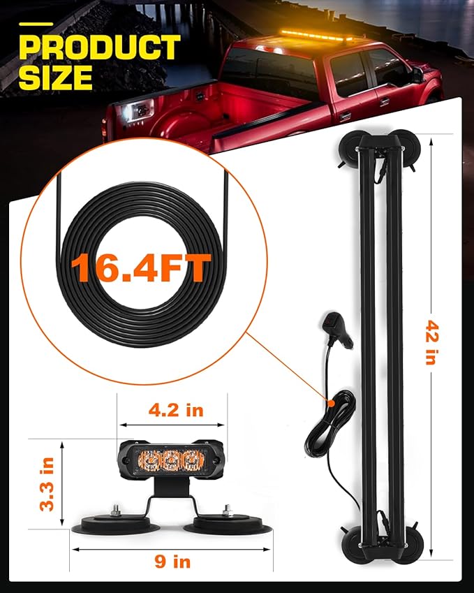 42" Roof Top Strobe Light Bar Amber Light Bar, Emergency Warning Flashing Safety Beacon Double Side Traffic Advisor Lights Magnetic Base for Safety Vehicles Tow Trucks Pickup Snowplow, Amber