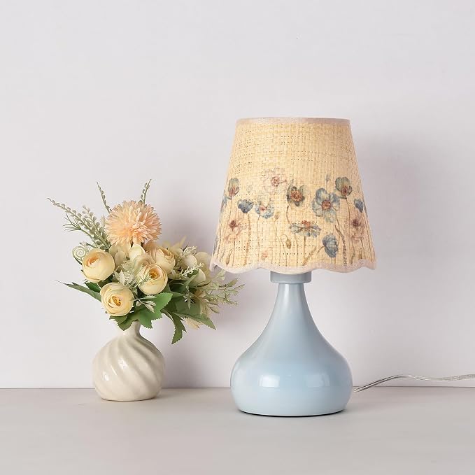 Ziqqeelam Blue Small Bedside Cute Table Lamp for Bedroom, Table Lamps for Nightstand, Scalloped Rattan Shade Table Lamps for Small Spaces for Bedroom, Home Office, Living Room