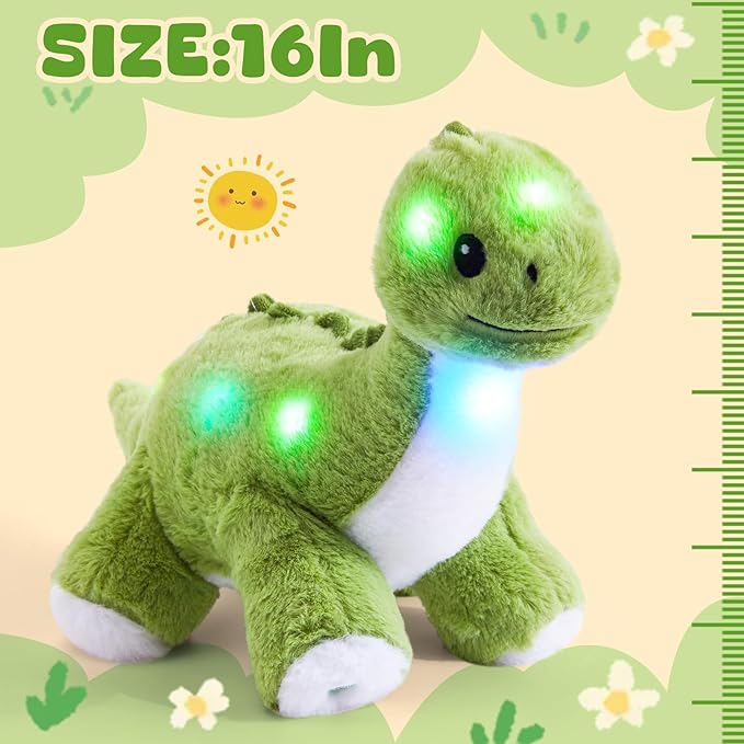 Glow Guards 16'' Light up Dinosaur Stuffed Animal,LED Soft Dinosaur Plush Toy with Magic Night Lights&Lullaby,Birthday Children's Day for Toddler Kids (Green, Music)