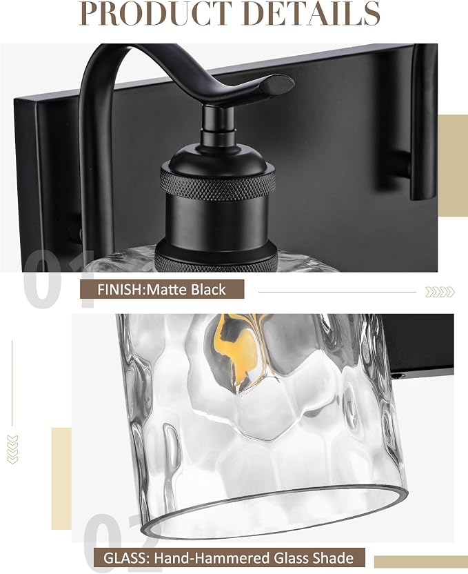 5-Light 34 Inch Bathroom Vanity Light,Hammered Glass,Black | Over Mirror Wall Light,E26 sockets,for bathroom mirror,powder room,dressing area,wall-mounted vanity lighting