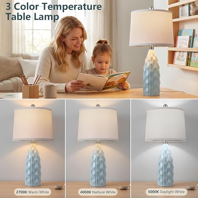 WIHTU 24" Ceramic Table Lamps Set of 2, Modern Nightstand Light, Blue | Linen Shade, 3 Color Temps, Farmhouse/Boho Style, Bedroom/Living Room/Office Decor, Ideal Gifts, 2 Bulbs Included, E26 Base