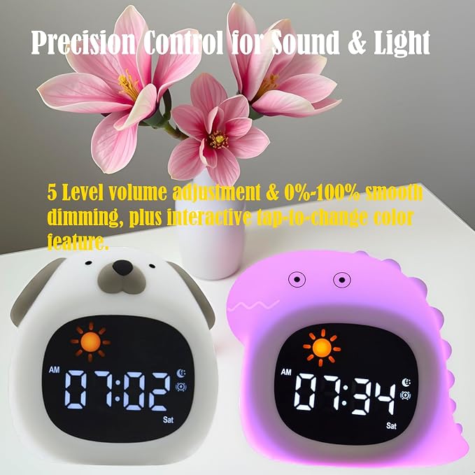 Cat Cartoon Ok to Wake Alarm Clock, White Noise Tap Night Light for Room | 6 White Noise Sounds, 8 Light Modes, Dual Alarm & Snooze, Dimmable LED, Type-C Rechargeable, 12/24 Hour Display