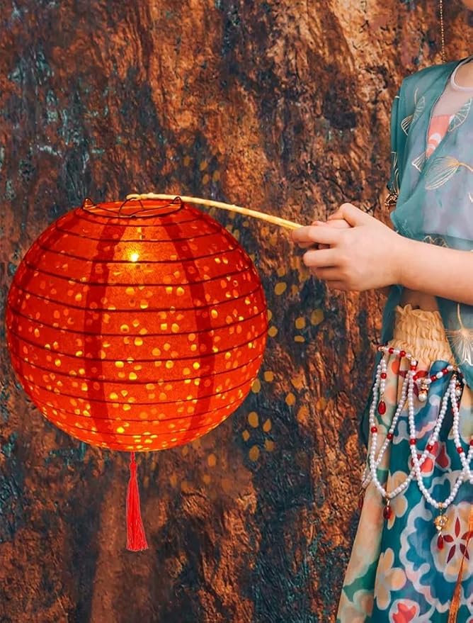 5PCS Paper Lanterns Valentines Day Chinese New Year Spring Festival Lantern,8inches Round Hanging Paper Lanterns with LED Lights,with Tassels Walking Sticks for Wedding Dinner Birthday Party Decor