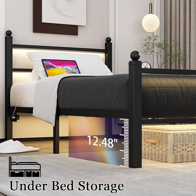 Twin Bed Frames with Charging Station & LED Lights, Metal bed frame twin size with Headboard and Footboard, Heavy Duty Slats Support Platform, No Box Spring Needed, Noise Free, Easy Assembly, Black