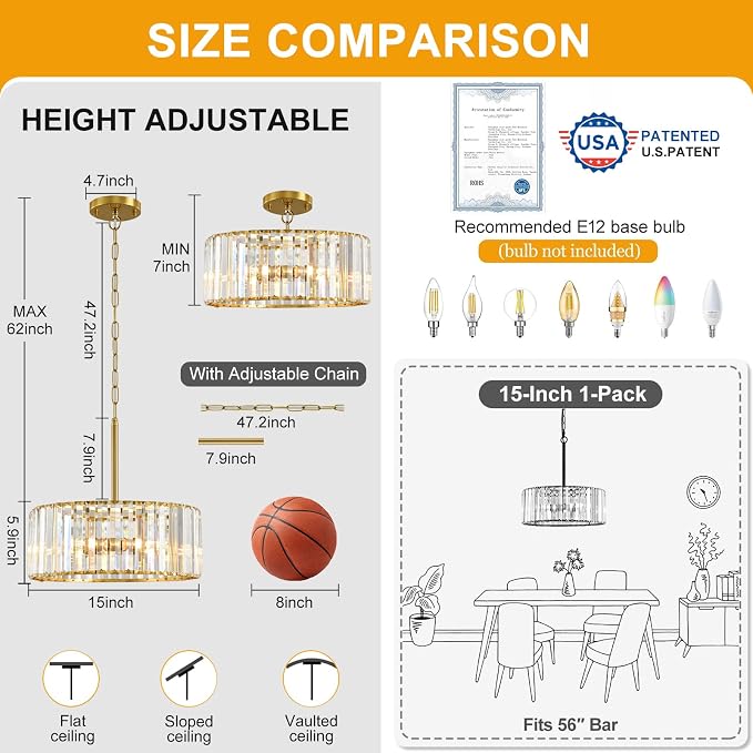 15" Gold Crystal Chandelier for Dining Room, 4-Light Modern Dining Room Light Fixtures Over Table, Hanging Pendant Lights Fixture for Kitchen Island Dining Room Living Room Bedroom Foyer Entryway
