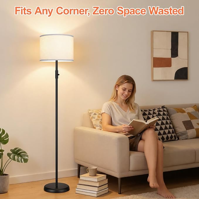 【Upgraded】 Dimmable Floor Lamp, Modern Floor Lamps Simple Design with White Shade for Living Room, Tall Standing Lamp for Bedroom Office Dining Room, Black Pole Lamp