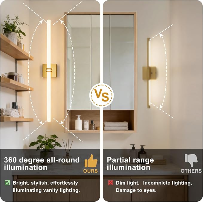 Gold Bathroom Light Fixture LED Vanity Light 37.4" 5CCT Wall Sconce | LED Dimmable Wall Light Modern 360° Lighting, 35W Hardwired Vanity Light for Bathroom Mirror, Flicker-Free Easy Install