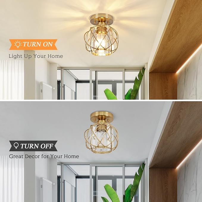 Hallway Light Fixtures Ceiling,Semi Flush Mount Ceiling Light Fixtures Gold Metal Cage Indoor Modern Ceiling Lights for Bedroom Room Hallway Bathroom Entryway Kitchen