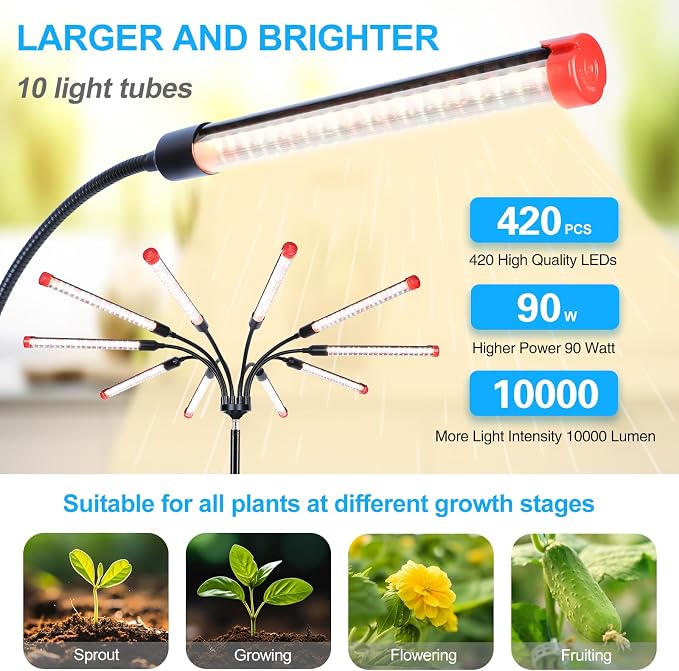 10Head Grow Light on Stand for Large&Tall Indoor Plants, Bonsai Tree, Bright and Big Coverage Plant Growing Lamps, 4/8/12/16/20H Timer, 90 Watt Power Draw, NO Need Adapter, 360° Gooseneck