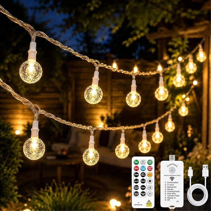 Crystal Globe String Lights 4000mAh Rechargeable Battery Operated | 33FT 100LED Outdoor Waterproof with Remote, Timer & 8 Modes,Fairy Lights for Yard Garden Patio Wedding Christmas (Warm White)