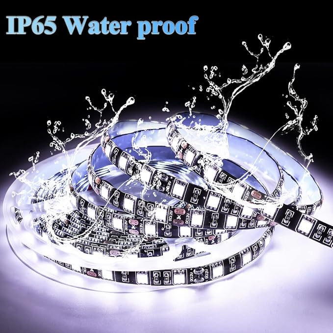 12V LED Strip Light White 6000K 16.4ft LED Light Strip Black PCB SMD 5050 IP65 Waterproof 300 LEDs Tape Rope Lights for Bedroom, Kitchen Decoration