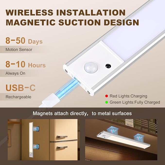 12 Inch Under Cabinet Lighting, 2 Pack USB-C Rechargeable Motion Sensor LED，Magnetic Wireless Mount,3 Color Temperature， Battery Powered for Kitchen, Wardrobe, Hallway, Stairs
