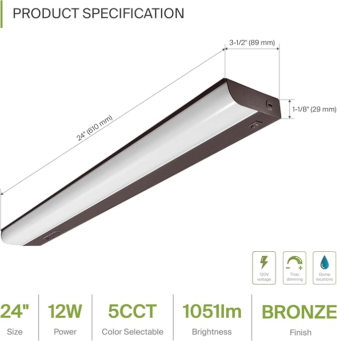 ASD 24 Inch Hardwired LED Under Cabinet Light, On/Off & 5CCT Switch 2700K-5000K, 12W 1051LM CRI90+, Direct Wire Low Profile Linkable Fixture, Dimmable Under Counter Kitchen Lighting, Bronze, UL