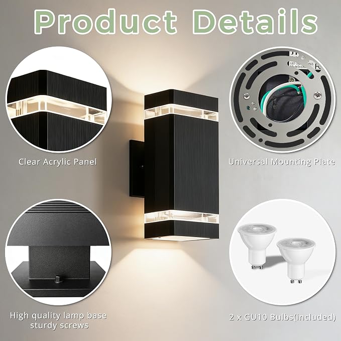 JYV Square Outdoor Wall Lights, Up and Down Porch Lights, Black 4 Pack | Aluminum Exterior Lighting Fixtures with 2 * 7W Bulbs 3000K, Waterproof Outdoor Sconces Wall Lighting, for House Porch Garage