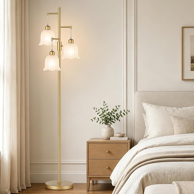 Dimmable Flower Floor Lamp, 3 x 900LM LED Bulbs Included, Modern | 70" Gold Tree Standing Lamp, 3 Lights Elegant Frosted Glass Flower Shade Vintage Floor Lamps for Living Room, Bedroom, Office