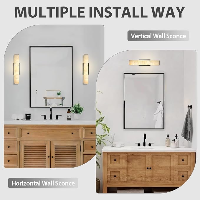 20" Natural Alabaster Wall Sconce, Modern Black Marble Wall Light Dimmable | Spanish Alabaster, Vanity Light, 3000K Warm White Light, Tube, Hardwired, Stone, for Bathroom/Bedroom/Living Room, 1PC