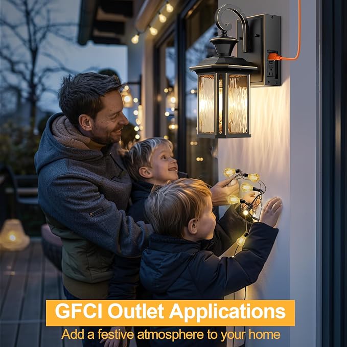 Porch Lights with GFCI Outlet, Motion Sensor Wall Light, Dusk to Dawn Exterior Light Fixture for House, Waterproof Outside Anti-Rust Wall Mount Lantern for Front Door Patio Garage, Black