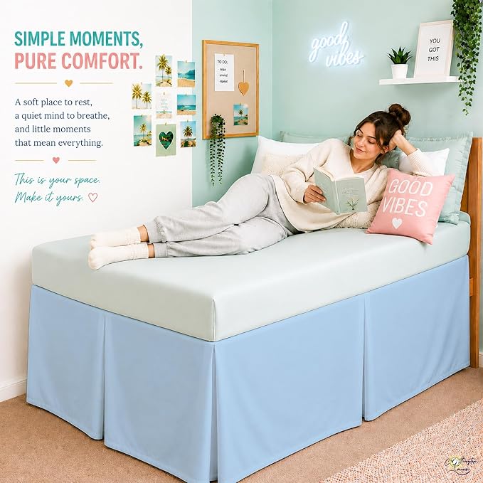Cottington Lane Tailored Box Pleated College Dorm Bed Skirt Twin XL, Hotel Quality Premium Brushed Microfiber Extra Long Bedskirt Twin XL 60 Inch Drop, Light Blue Dorm Bedding
