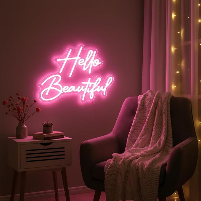 Hello Beautiful Neon Sign Pink Neon Sign Wall Decor Bedroom Beauty Room | Dimmable LED Pink Neon Light for Vanity Room Beauty Salon Makeup Lash Room Bachelorette Boutique Wedding Decor Gift for Girls