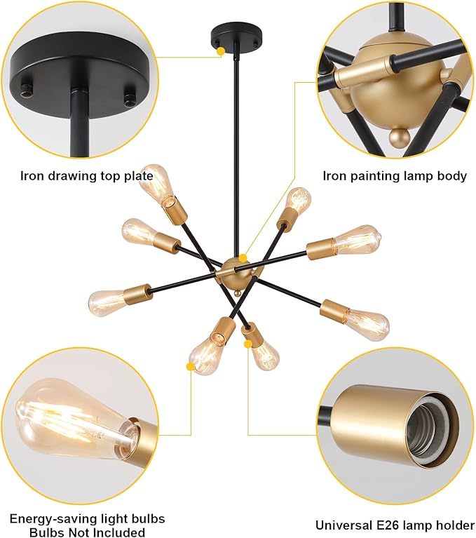 8 Lights Dining Room Light Fixtures Modern Sputnik Chandelier Black and Gold Mid Century Pendant Light for Kitchen Island Entryway Foyer Living Room UL Listed