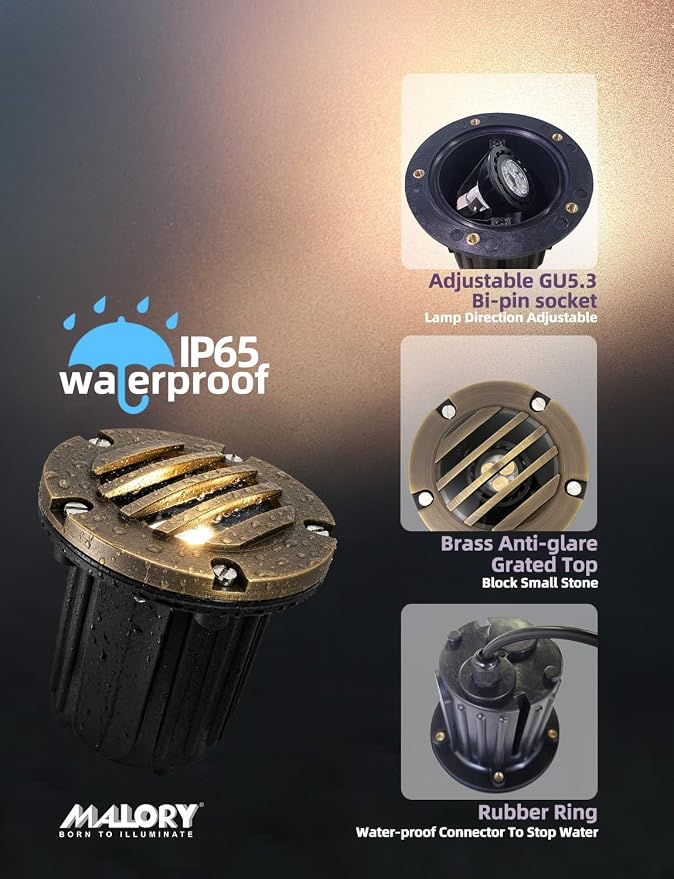 MALORY Low Voltage Landscape Well Lights, (φ126 mm) Brass Top Cover | 12V Outdoor In Ground Lights,Waterproof Uplight,Grated Top, 5W MR16 Bulb ,for Landscaping,Pathway, Driveway, Deck,Garden