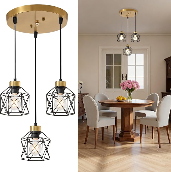 Black and Gold 3-Light Pendant Light Fixture, Farmhouse Hanging Pendant Lighting, Dining Room Chandelier, Industrial Hanging Light Fixture, Metal Cage Pendant Ceiling Lamp for Kitchen