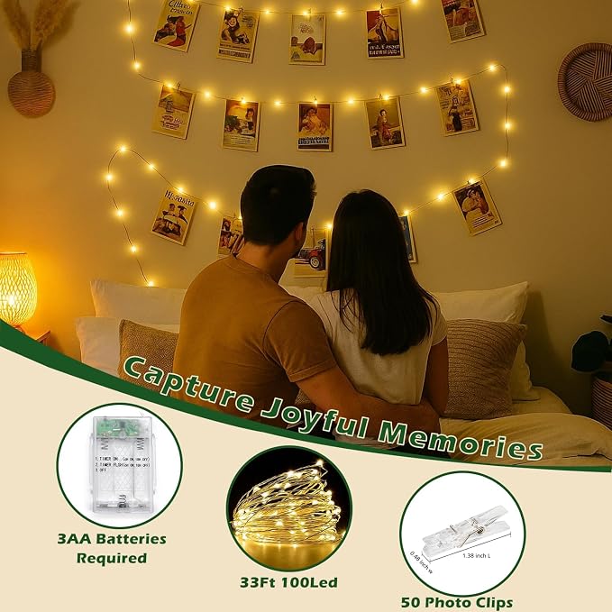 Teen Girl Room Decor with Photo Light: Battery Operated 33Ft 100LED Fairy Lights with Clips for Pictures with Timer, String Light with 50 Clear Clips for Christmas Bedroom Dorm Décor